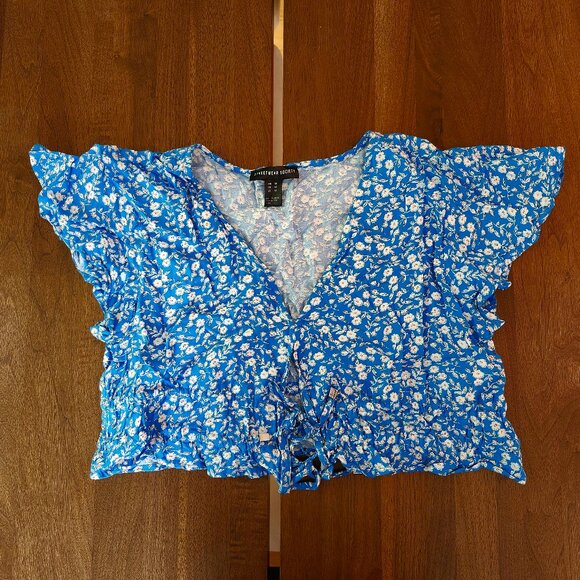 Blue and White Ruffled Tie Front Crop Blouse - Picture 1 of 5